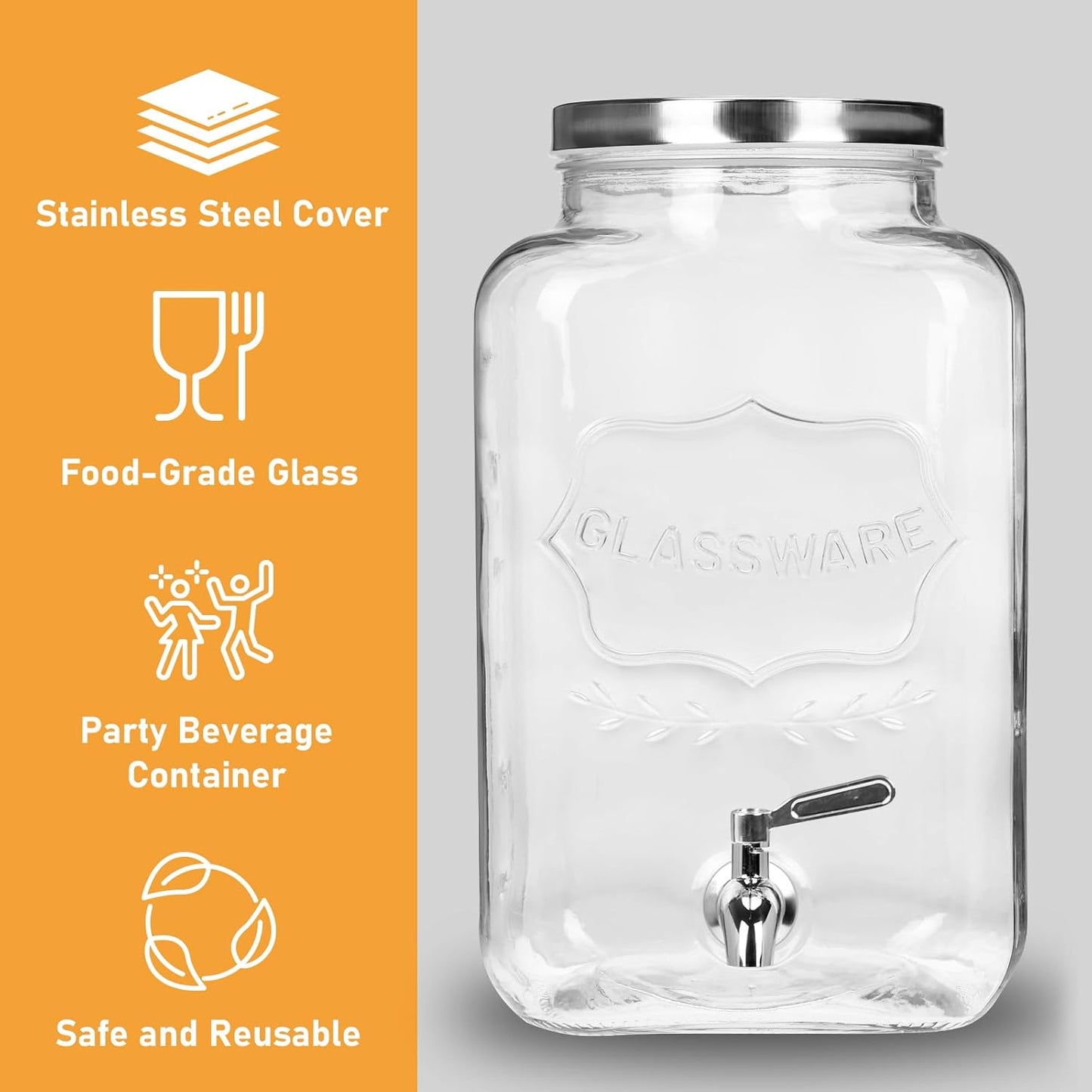 Bululuo Glass Drinks Dispenser for Parties, 2 PACK 1 Gallon Beverage Dispenser with Stand for Juice and Iced Tea, Water Jug Dispenser for Lemonade, Party Essential Beverage Pitcher with Spout