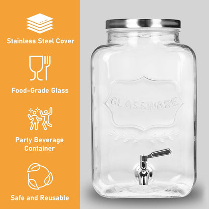Bululuo Glass Drinks Dispenser for Parties, 2 PACK 1 Gallon Beverage Dispenser with Stand for Juice and Iced Tea, Water Jug Dispenser for Lemonade, Party Essential Beverage Pitcher with Spout