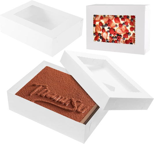 JCD 12pcs 14x10x4in Cake Boxes White Bakery Box Quarter Sheet Cake boxs with Window Large Rectangle Treat Boxes for Cake Pastry Baking Donuts Cupcake Pie Packaging