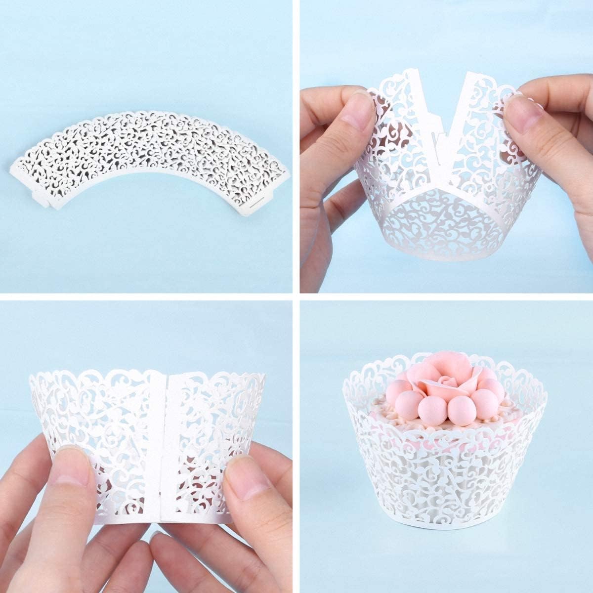 50 Pcs White Pearl Lace Laser Cut Filigree Wedding Cupcake Wrapper Baking Cake Cups Wraps Cupcake Muffin Case Trays for Special Occasions