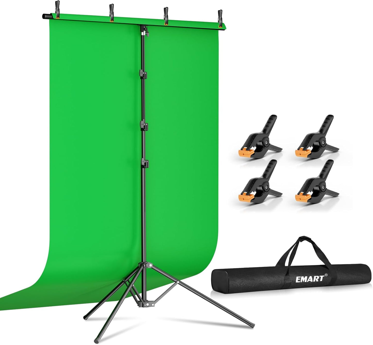 EMART Green Screen Backdrop Kit with Reverse Folding Base, 5x6.5ft Photo Greenscreen Background with Portable T-Shape Stand and 6 Clamps for Photography, Photoshoot, Studio Video Recording, Streaming
