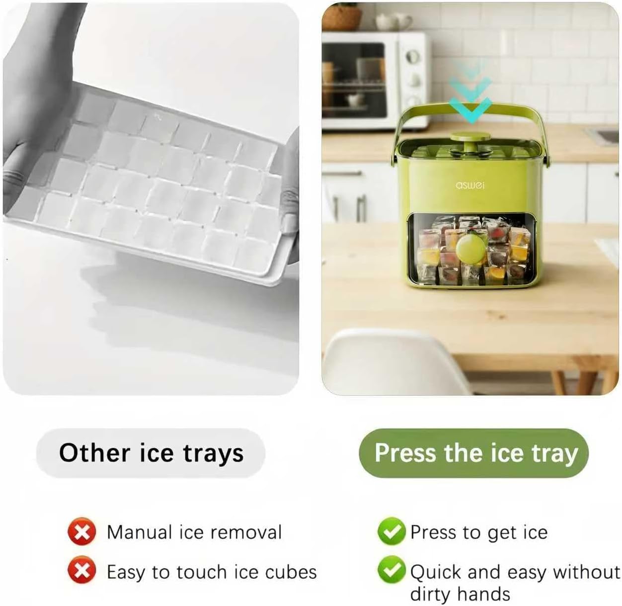 Compact Ice Cube Tray with Lid and Bin, Mini Press-Type Ice Cube Maker for Freezer, Space-Saving Small Ice Bucket with Tongs for RV, Office, Mini Ice Cube Trays & Water Bottles, BPA-Free (Green)