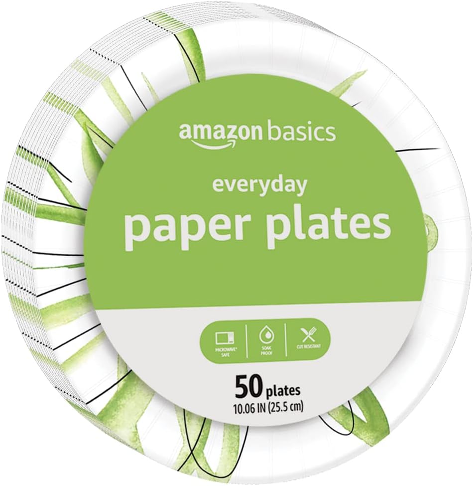 Amazon Basics Everyday Disposable Paper Plates, 10 Inch, Microwave-Safe, Cut Resistant, Soak-Proof, 150 Count