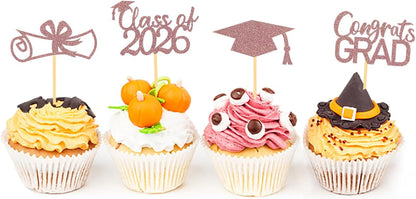 2026 Graduation Theme Cupcake Toppers Glitter Class of 2026 Graduation Cap Diploma Cupcake Picks - Set of 24 (Gold)