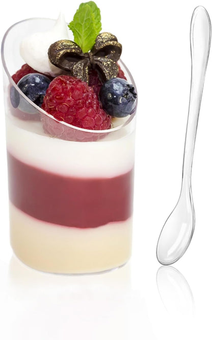 TOFLEN 100 Pack Mini Dessert Cups with Spoons, 2.2 oz Round Plastic Dessert Shooter Cups Slanted Appetizer Cups for Party Serving Jello Parfait Triffle