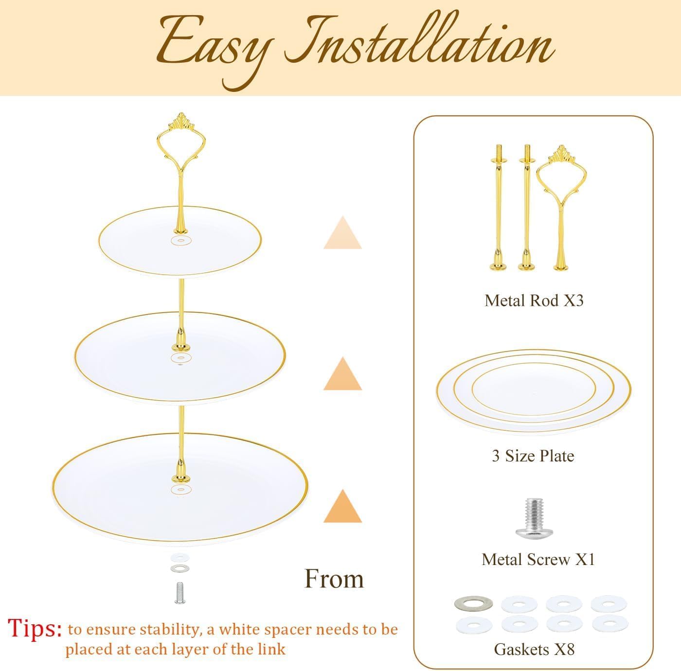 DI QIU REN 8PCS Cake Stand Set, Plastic Cupcake Stands with Gold Rim, Dessert Display Stands Set for Wedding Birthday Party Tea Party