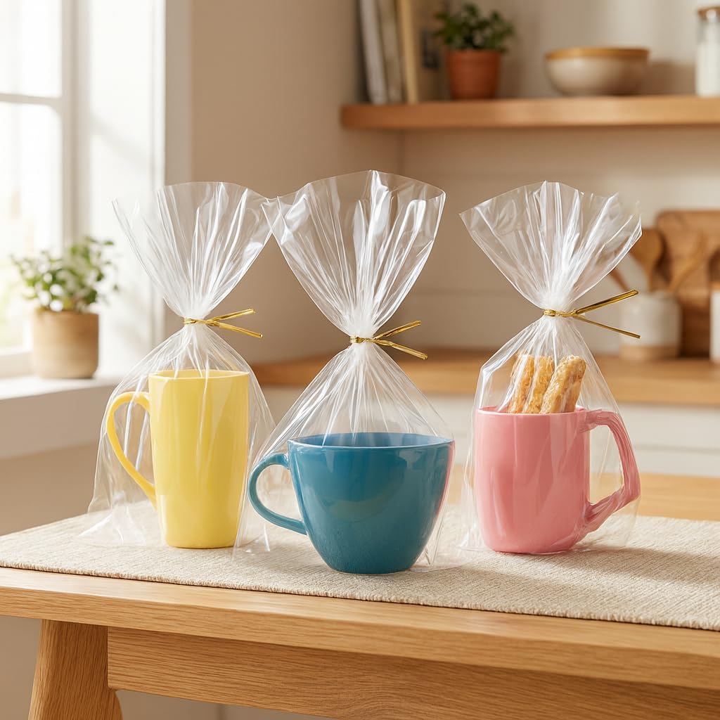Wowfit 100 CT 6x10 Inch Clear Flat Cellophane Treat Bags with 6” Gold Twist Ties, Cello Packaging for Gift Wrapping, Decorations, and Food Storage