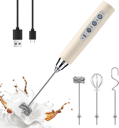 YUSWKO Black Handheld Milk Frother Wand for Coffee, Rechargeable Electric Whisk with 3 Heads 3 Speeds Drink Mixer Coffee Frother For Latte, Cappuccino, Hot Chocolate, Egg