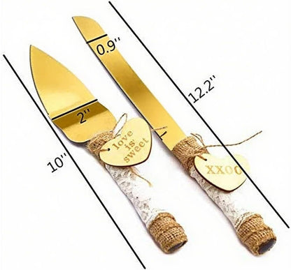 TANG SONG Rustic Style Stainless Steel Wedding Cake Knife and Serving Set Resin Plastic Handle with Twine Heart Love Wood Tag and Burlap Lace Design