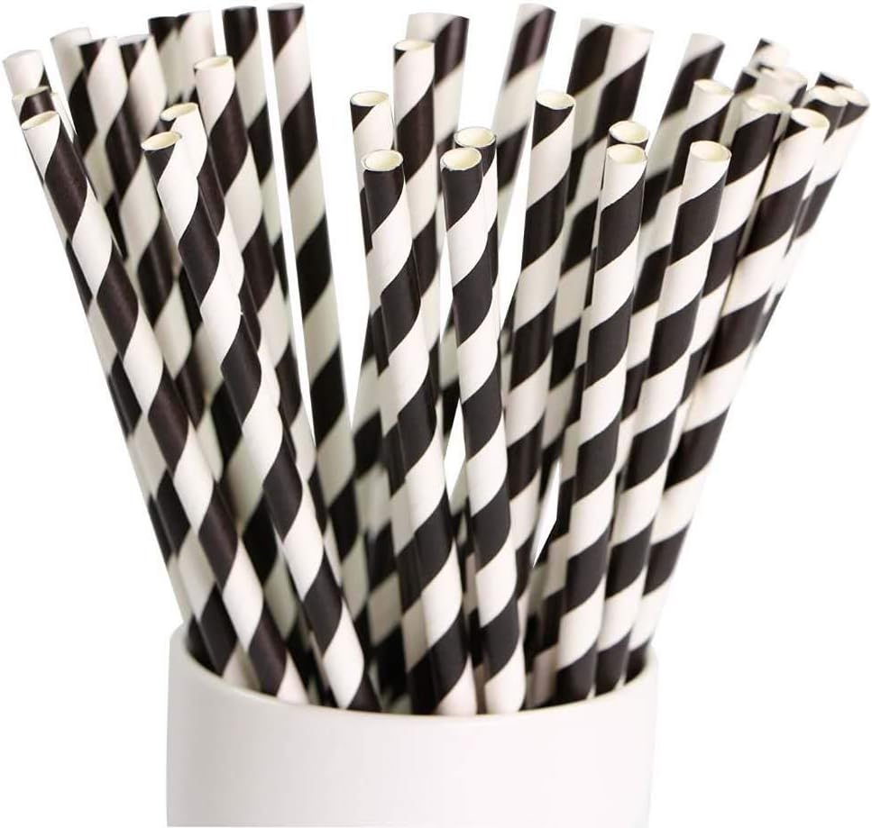 Biodegradable Striped Paper Straws,Paper Drinking Straws for Party, Events and Crafts,Baby Shower Decorations 7.75 Inches, Black White Striped - 100 Packs