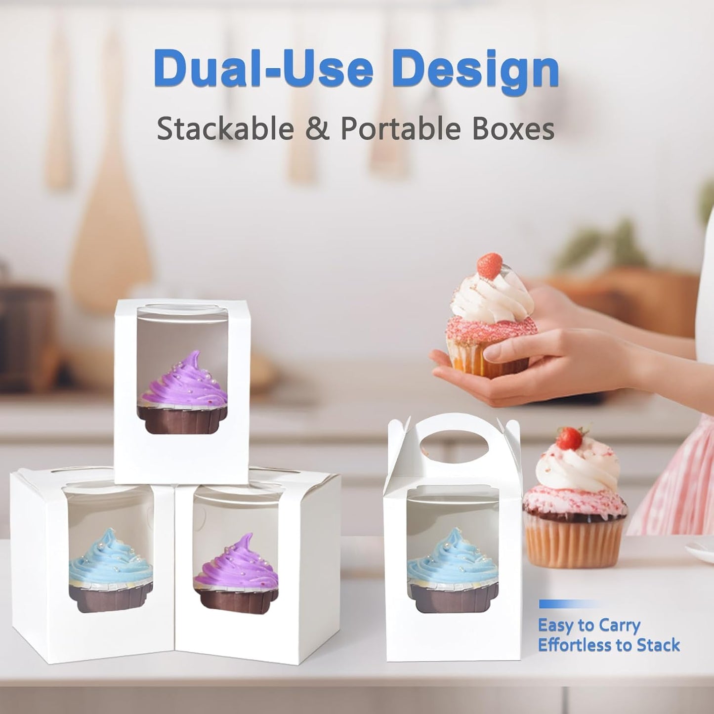 Cupcake Boxes 50 pcs, Individual Cupcake Containers Brown with Window Insert and Handle, Pastry Box Single Muffins Holder Disposable for Bakery Wrapping Party Favor Packaging