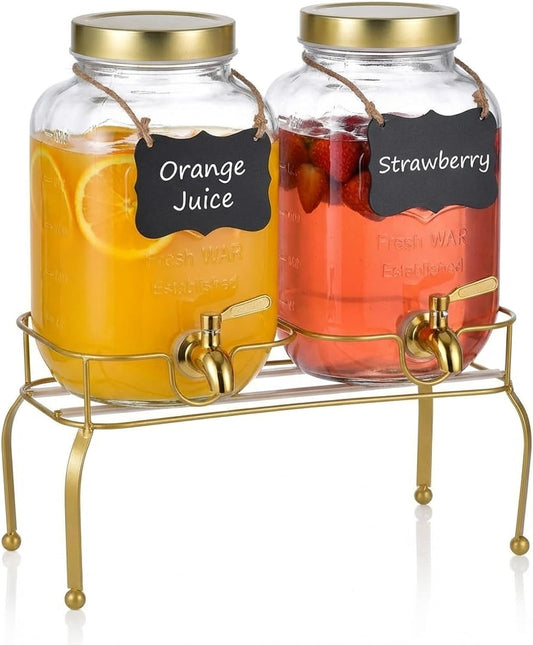 1 Gallon Glass Drink Dispenser Set of 2 – Drink Dispensers for Parties, Beverage Dispenser with Stand & 100% Leakproof Spigot, Ideal for Lemonade, Juice, Laundry Detergent Dispenser
