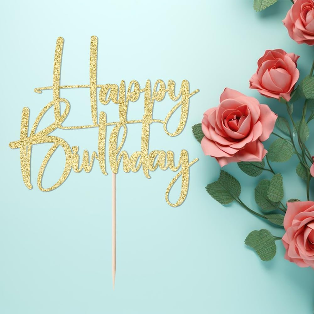 Happy Birthday Cake Topper,black Glitter Cake Pick Bunting Decor for Anniversary Birthday Party Cake Decorations Supplies