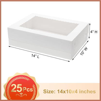 Mefleet 25pcs 14x10x6 Cake Boxes with Window Rectangle Quarter Sheet Bakery Boxes for Pastry Baking Cake, Cupcakes, Donuts, Cookies, Pie Treat Packaging White Large