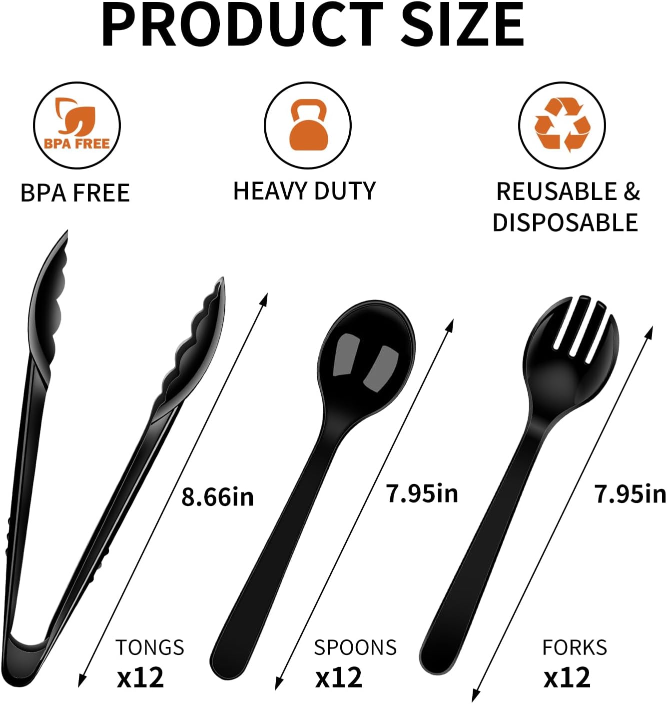 36 PCS Disposable Serving Utensils for Party - 12 Set Including Black Plastic Spoons, Tongs and Forks