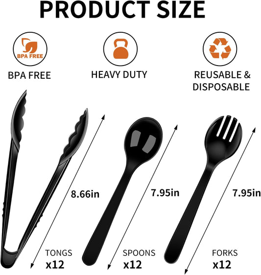 36 PCS Disposable Serving Utensils for Party - 12 Set Including Black Plastic Spoons, Tongs and Forks