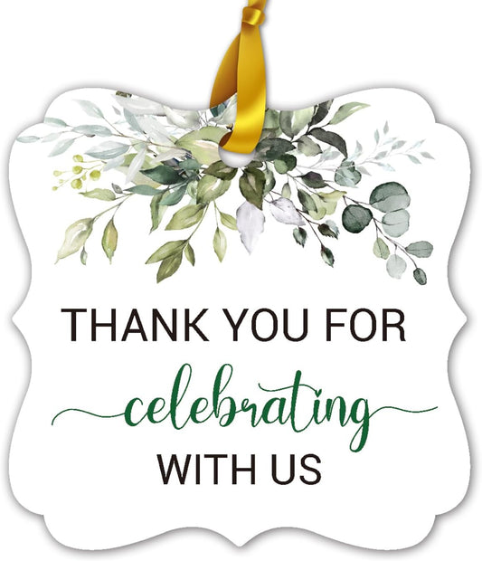 50 Thank You Favor Tags, Thank You for Celebrating with Us Gift Tags for Weddings, Bridal Showers, Birthdays, Parties, Baby Showers, 2-inch With 2 rolls of ribbon 20M/65.6ft. Greenery