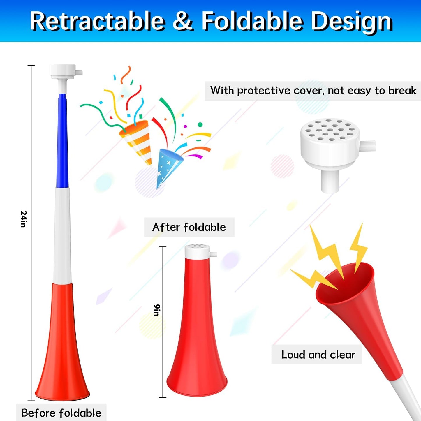 Collapsible Stadium Horn Noise Maker 24 Inch Vuvuzela Plastic Trumpet Horn Blow Horns Noisemakers for Sporting Events Graduation Games School Sports Party Supplies Favors Accessories