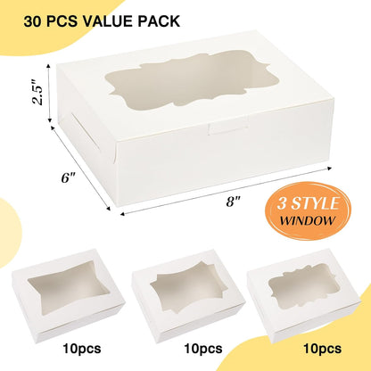 TOMNK 30pcs Cookie Boxes, 8x6x2.5 Inches 3 Style Windows Treat Boxes with Window for Treats, Chocolate Covered Strawberries, Muffins, Donuts