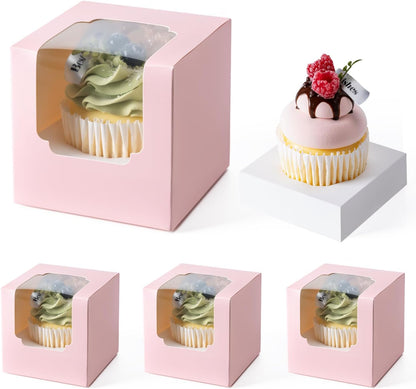 Hoewina 28PCS Cupcake Boxes, Individual Cupcake Containers with Window, Food Grade Cupcake Holders Carrier with Inserts, Stackable Deep Cake Box for Birthday Holiday Party Bakery Supplies (White)