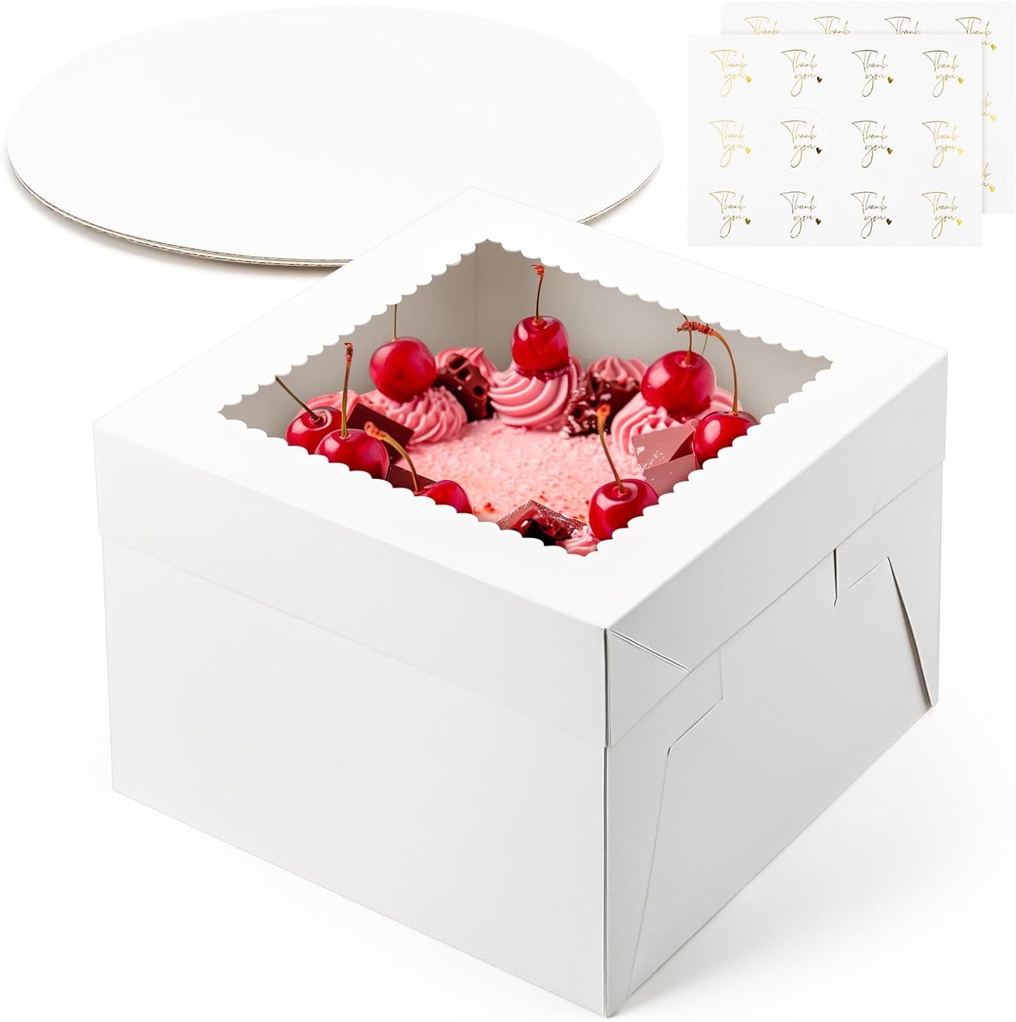 ZORRITA 2 Pack Cake Boxes, 10 x 10 x 8 Inches Tall Cake Boxes with Cake Boards, Disposable Cake Containers with Lids and Window for Wedding, Birthday, Party