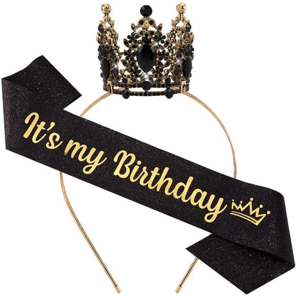 AOPRIE Birthday Crown for Women with Sash Gold White Happy Birthday Tiara for Women Girl Headband Princess Crown Rhinestone Accessories