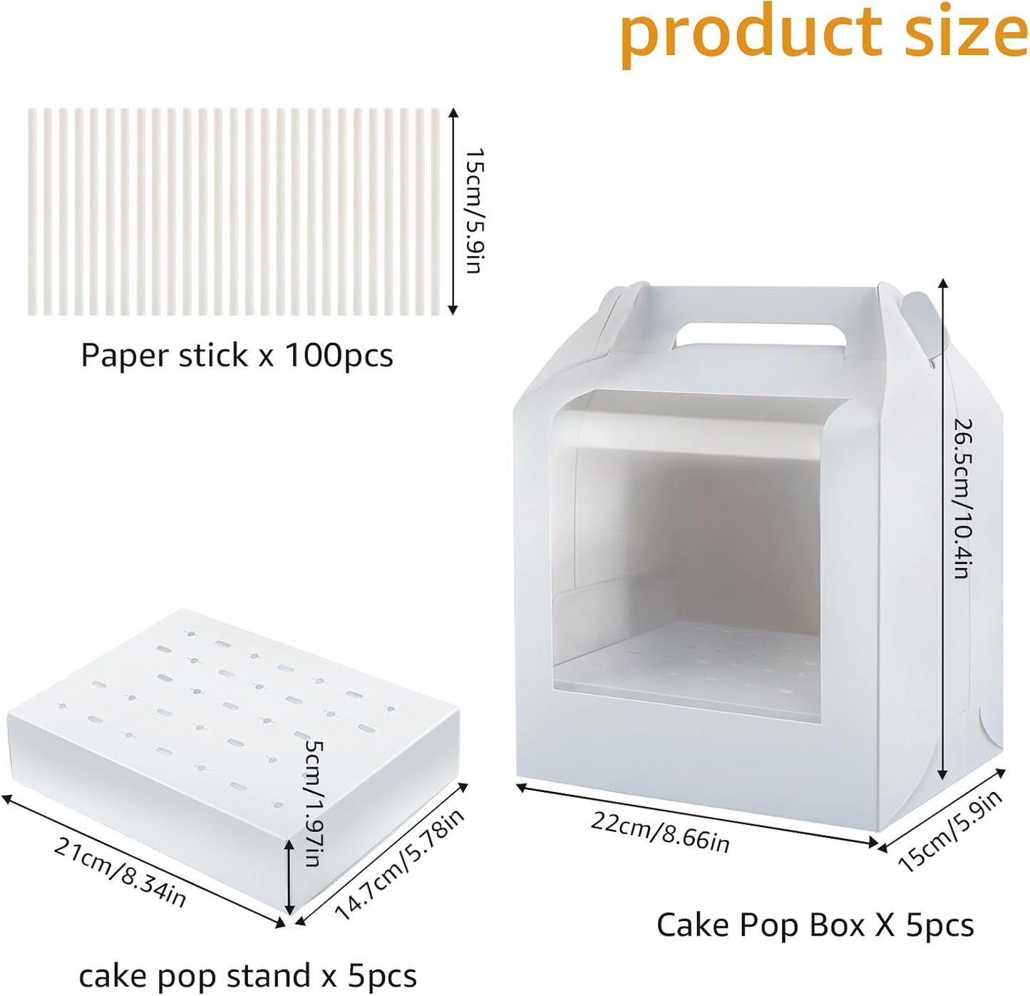 MGWOTH Cake Pop Boxes Packaging with Sticks Set, 5PCS Cakesicle Display Stand with Window, Portable Lollipops Transport Holder with 100Pcs Paper Sticks, Bakery Containers for Babyshower, Party