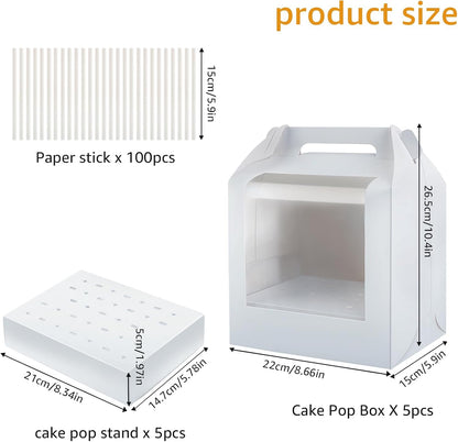 MGWOTH Cake Pop Boxes Packaging with Sticks Set, 5PCS Cakesicle Display Stand with Window, Portable Lollipops Transport Holder with 100Pcs Paper Sticks, Bakery Containers for Babyshower, Party