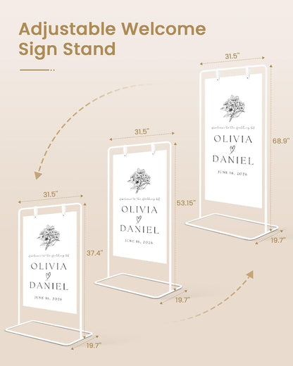 Wedding Welcome Sign Stand, Welcome to our Wedding Sign Holder, Black Easel Stand for Sign Poster With Design Bundle & Ground Stakes & Leather Sign Hanging Straps, Linen Sign Stand for Wedding Decor