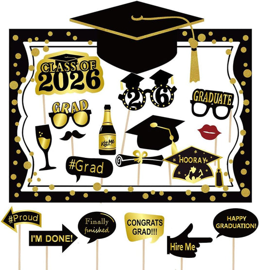 2026 Graduation Selfie Photo Booth Frame Black and Gold with 18Pcs Graduation Photo Booth Props, Upgraded Version with Support Cardboard, 2026 Grad Party Pose Sign