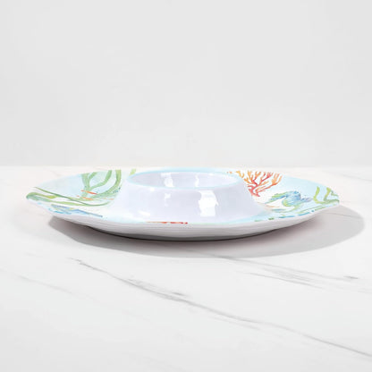 UPware Sea Life Melamine Chip and Dip Serving Tray, Round Serving Platter for Chips, Salsa, Fruit, and Snacks, Multicolor, 13.5 Inch