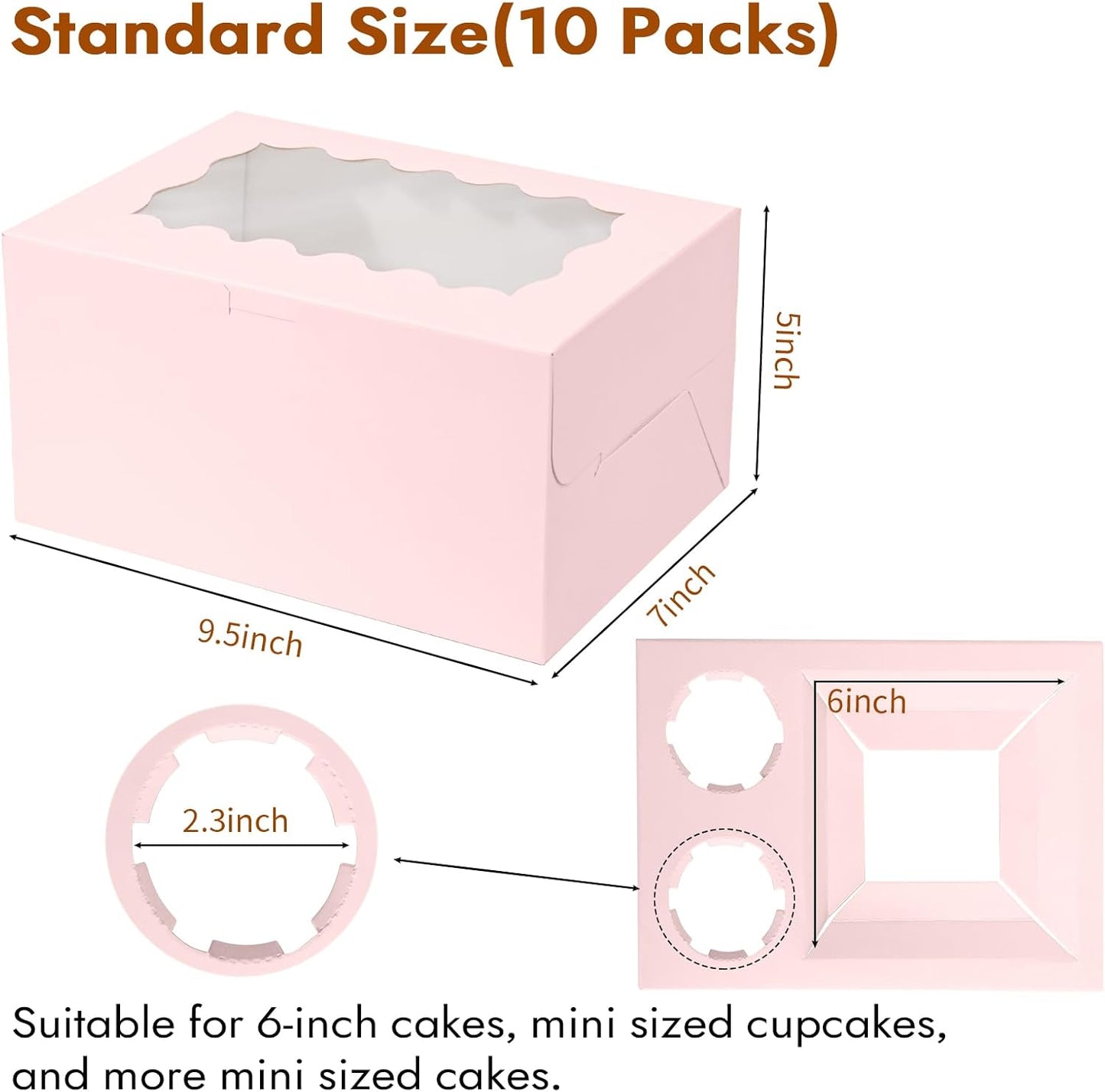 10 Packs Bento Cake and Cupcake Box 3 Holes Fit 2 Cupcakes and 1 Mini Cake Box with Clear Window and Stickers for Cake Cupcake Cookie or Easter and Mother’Day. (1+2/10pcs)
