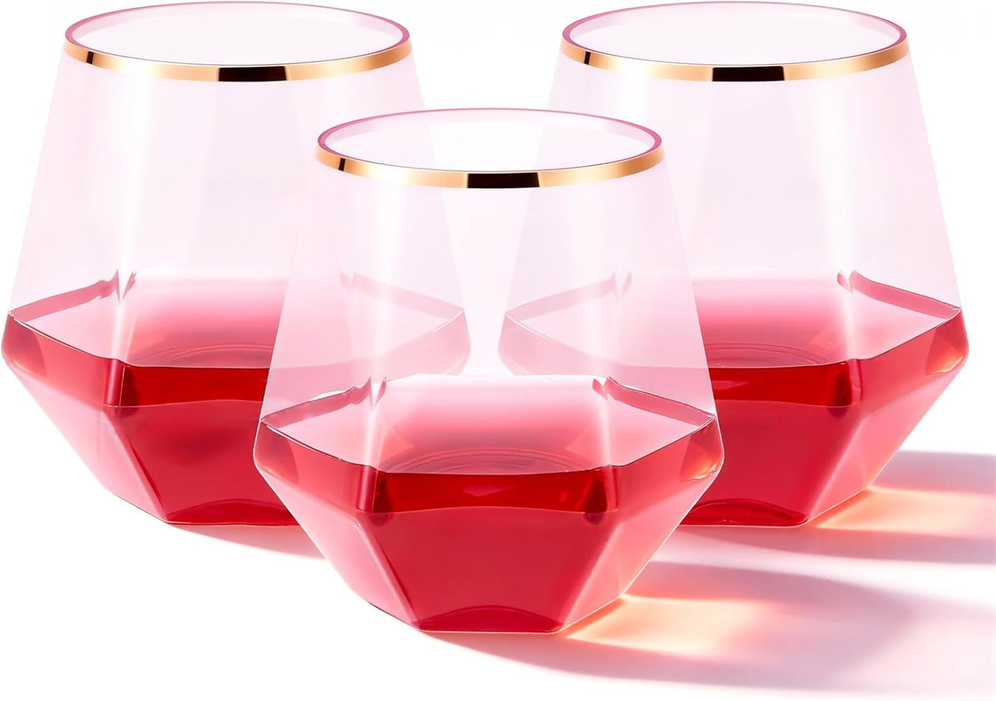 Goodluck 40 PCS Diamond Stemless Plastic Wine Whiskey Glasses, 12 Oz Disposable Cocktail Glasses, Suitable for Weddings, Birthday Parties, Family Gatherings, Bars, etc （Gold rimmed cups）