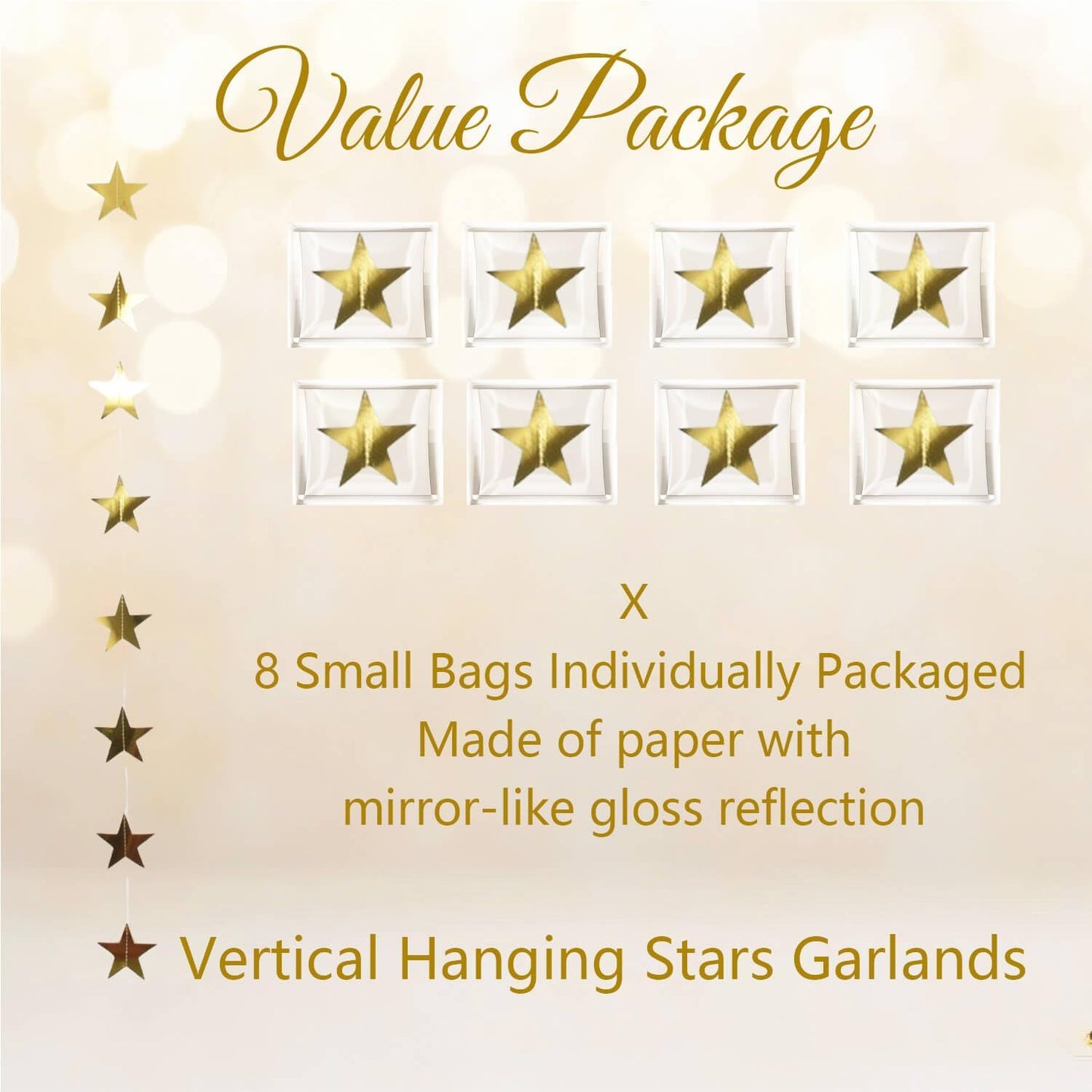 105Feet Gold Star Garland Party Banner for Graduation Decorations 2026 Class Grad Birthday Hanging- Golden Double Side Twinkle Paper Stars Streamers Backdrop for Wall Ceiling Decor, 8Pack
