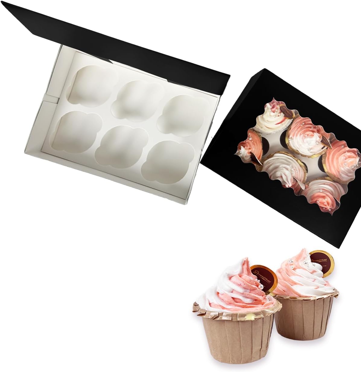 Bakepacker Auto-pop up 6 Cupcake Boxes with Window 20 Count Pink Box 9.4 x 6.1 x 3 inch Cupcake Carrier