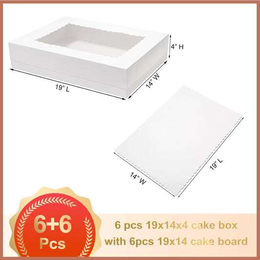 Mefleet 6pcs 19x14x5 Half Sheet Cake Boxes with 6pcs Cake Boards Rectangle 1/2 Sheet Bakery Boxes with Window for Pastry Baking Cake, Cupcakes, Donuts, Cookies, Pie Treat Packaging White Large