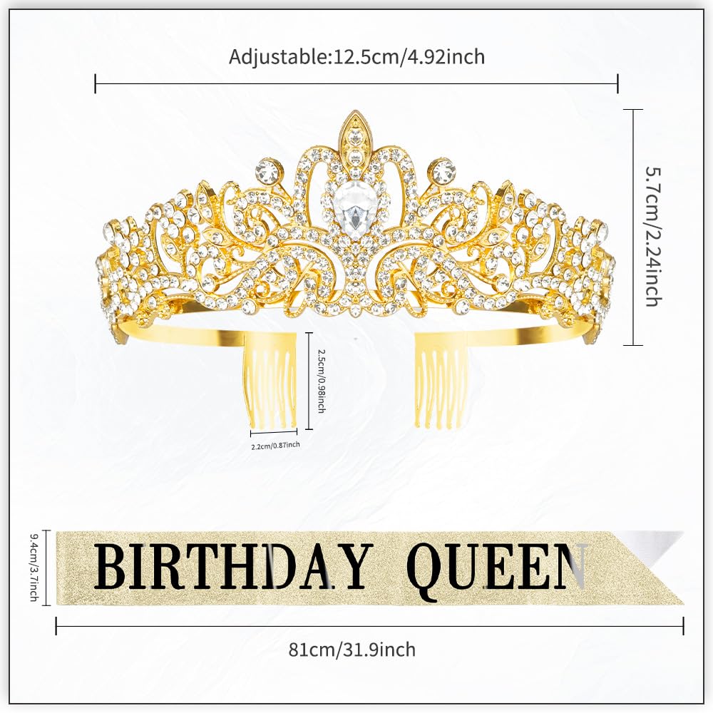 Birthday Sash for Women,Birthday Crown Tiaras for Women,Gold Rhinestone Queen Sash and Crown Tiara Headband for Party Decorations