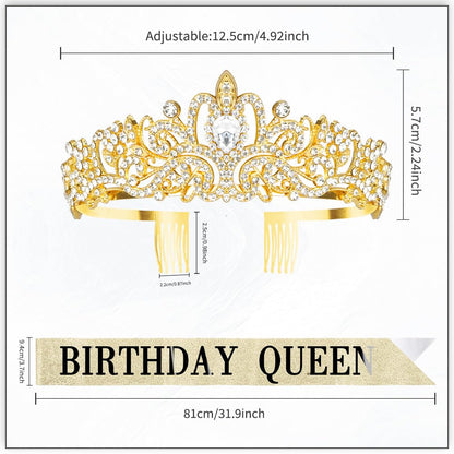 Birthday Sash for Women,Birthday Crown Tiaras for Women,Gold Rhinestone Queen Sash and Crown Tiara Headband for Party Decorations