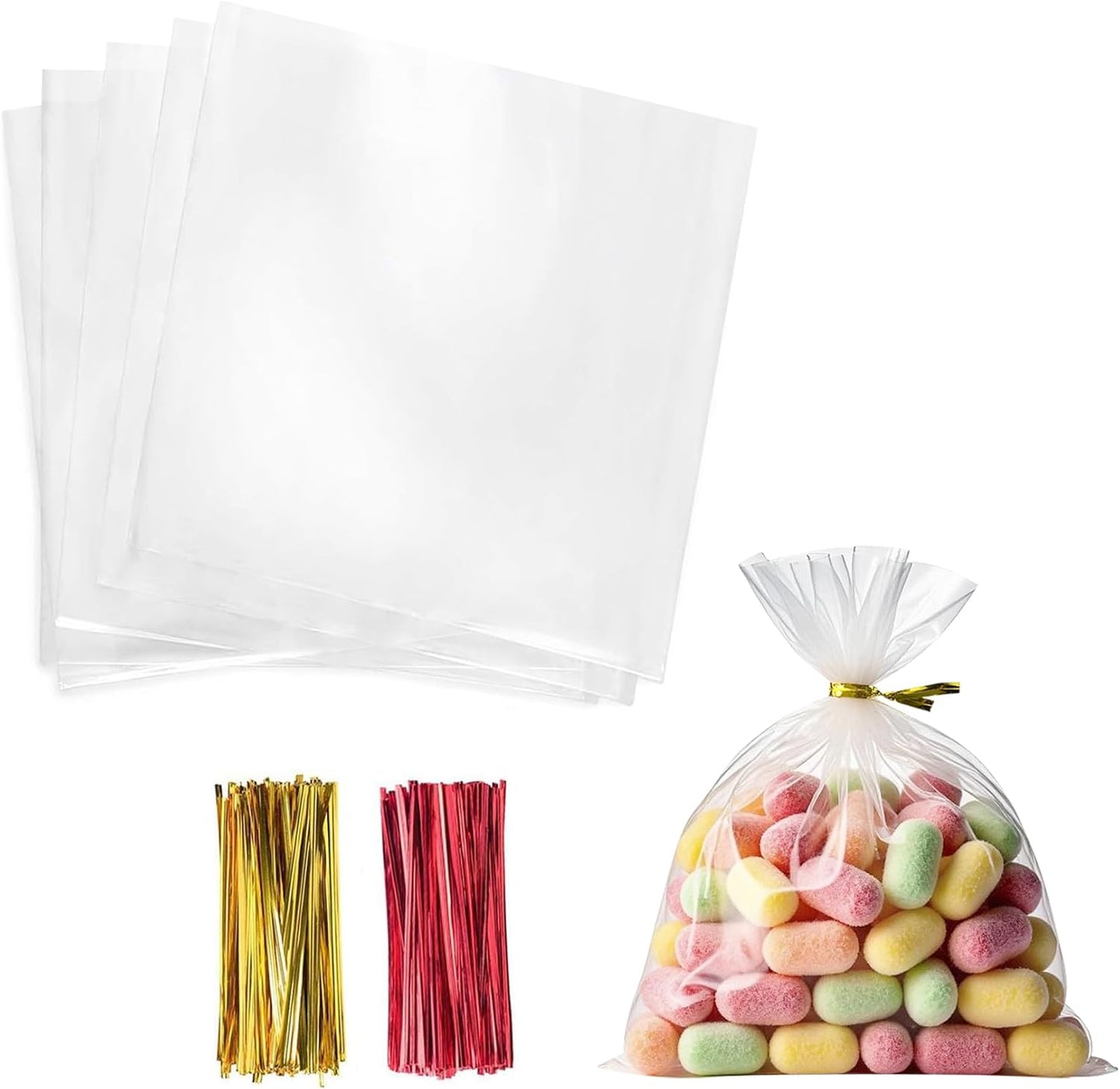 Cello Cellophane Treat Bags,5x7 Inches Clear Cellophane Bags 200 Pcs OPP Plastic Treat Bags with 200 Twist Ties for Gift Wrapping,Packaging Candies,Dessert,Bakery, Cookies, Chocolate,Party Favor