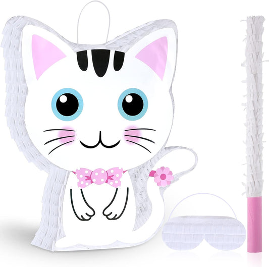 Aoriher Cat Piñata with Blindfold and Bat, Cat Birthday Party Supplies Kitty Piñatas Pink and White for Party Favor Birthday Decorations, 14.2 x 12.8 x 3.2 Inch, Pink and White