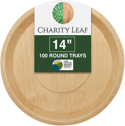 Charity Leaf Disposable Palm Leaf 13" Deep Round Trays (10 pieces) Bamboo Like Serving Platters, Disposable Boards, Eco-Friendly Dinnerware For Weddings, Catering, Events