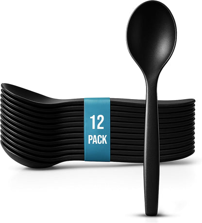 10" Black Plastic Serving Spoons for Buffet, Bulk 12 Count, Heavy Duty Disposable Spoon, Large Plastic Serving Utensils for Catering Supplies, Events, Party, Weddings & More - C&S Event Supply Co.