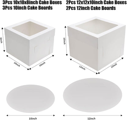 10 Pcs 12x12x10 10x10x8 Cake Boxes Set (5 Boxes & 5 Boards) with Windows Large in 2 Sizes Tall Bakery Boxes Disposable Carrier Take Out Container, Boxes in 2 Tier for Valentine's Day