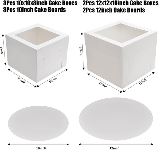 10 Pcs 12x12x10 10x10x8 Cake Boxes Set (5 Boxes & 5 Boards) with Windows Large in 2 Sizes Tall Bakery Boxes Disposable Carrier Take Out Container, Boxes in 2 Tier for Valentine's Day