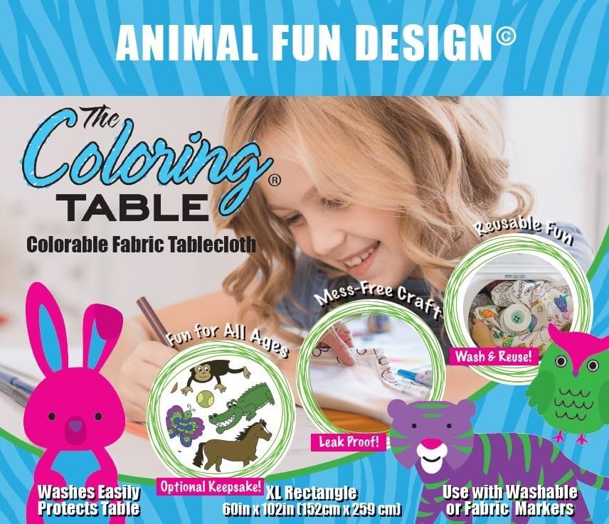 Animal Fun Design – Square Tablecloth 60”X60” – Interactive Coloring Tablecloth for Kids - Poly/Cotton Fabric – Washable and Reusable – DIY Activity for Children and Adults