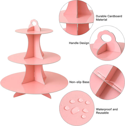 Soleebee 3-Tier Round Cupcake Stand, Cardboard Cupcake Tower, Dessert Cup Cake Stand Tower for Birthday Wedding Party Decoration, Cupcake Tier Stand 1 Set (Hot Pink)