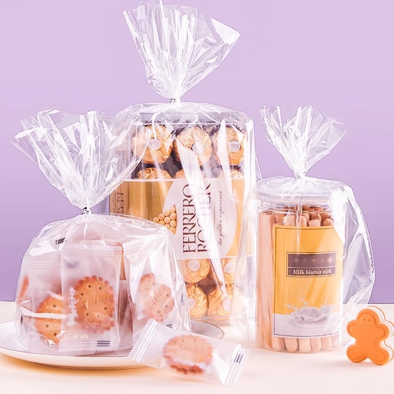 Cellophane Treat Bags, 5x7 Inch Iridescent Cellophane Bags with Thank You Stickers and Twist Ties, Celebrations Baby Showers Weddings Birthday Party Gift Wrapping(Pack of 100)
