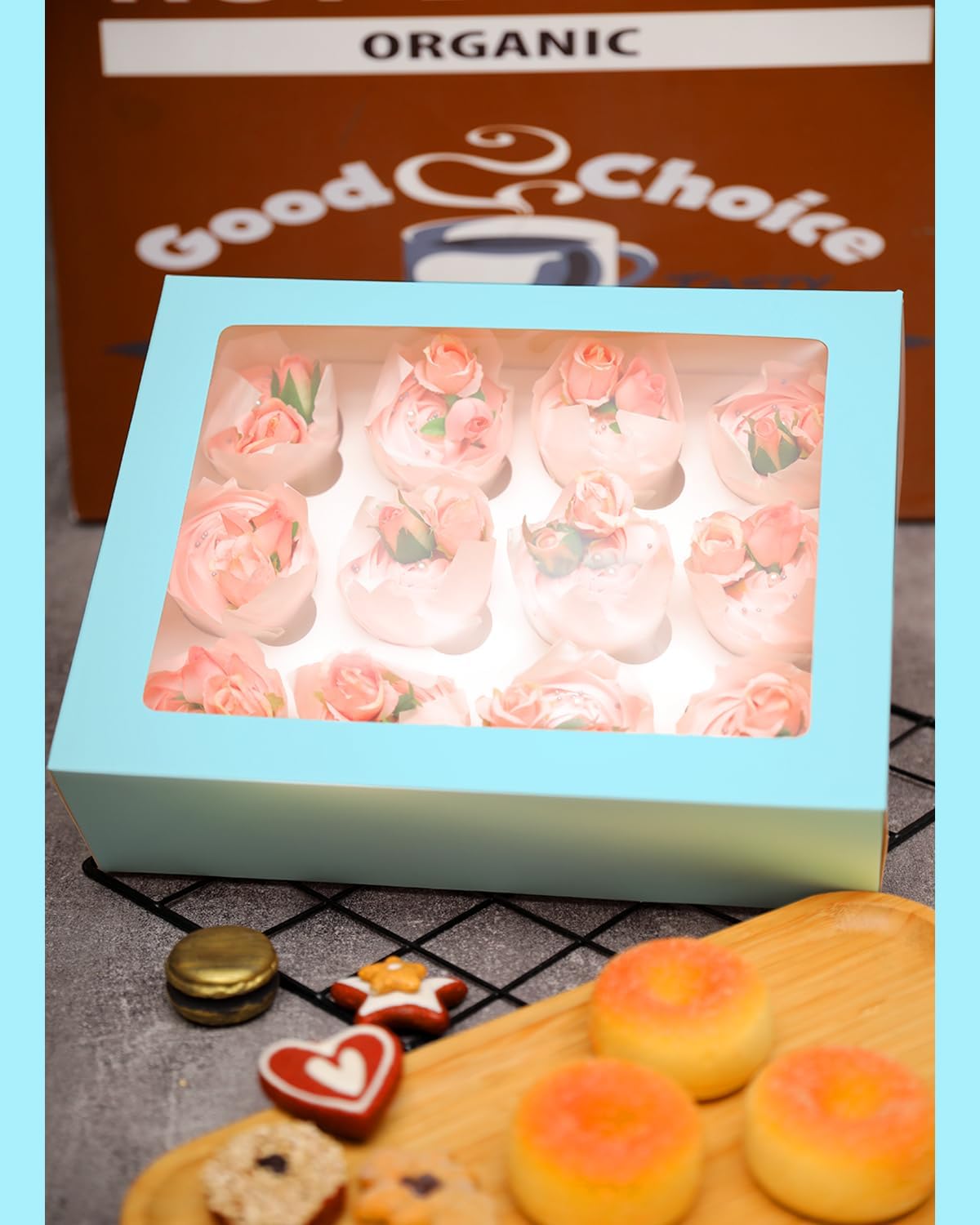 Bakepacker Auto-pop Up Cupcake Boxes with Window White 20PCS 12 Count Cupcake Box 13"x10"x3.5" Cupcakes Carrier, 12 Cupcake Containers with rolls of pink ribbons