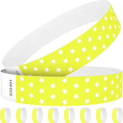 Neon Stars Yellow Green Paper Wristbands for Events, 100 Count 3/4" Paper Bracelets for Event Entry, Festivals, Parties, Clubs (Neon Star Yellow Green, 100)