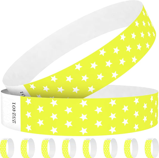 Neon Stars Yellow Green Paper Wristbands for Events, 100 Count 3/4" Paper Bracelets for Event Entry, Festivals, Parties, Clubs (Neon Star Yellow Green, 100)